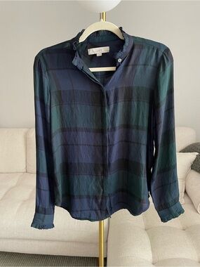 Loft Plaid Tartan Ruffle Button Down Shirt Navy Blue Dark Green Black